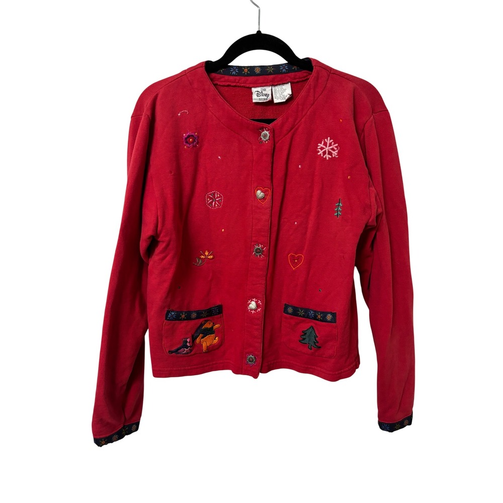 Vintage Disney Store Winnie the Pooh Red Embroidered Cardigan Sweatshirt Large